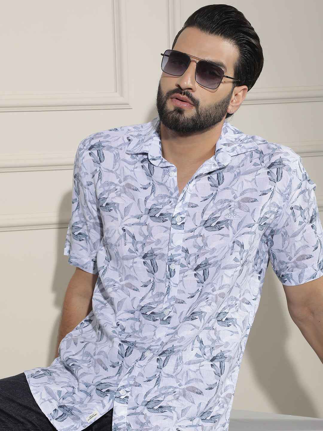 Blue Floral Print Linen Shirt