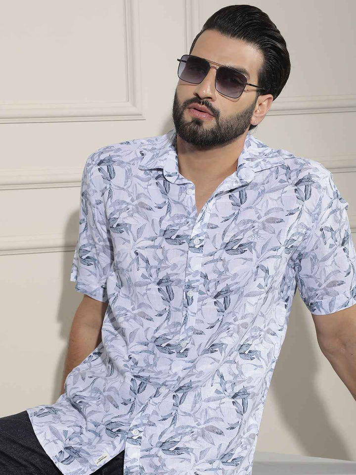 Blue Floral Print Linen Shirt
