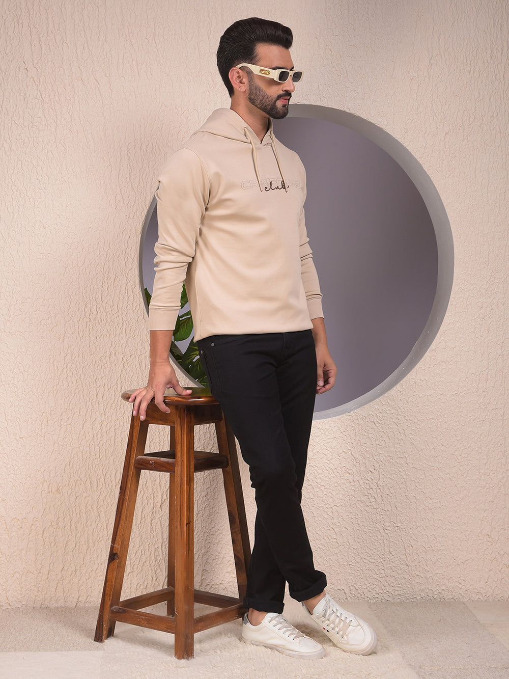 Beige Embroidered Hooded Neck Sweatshirt