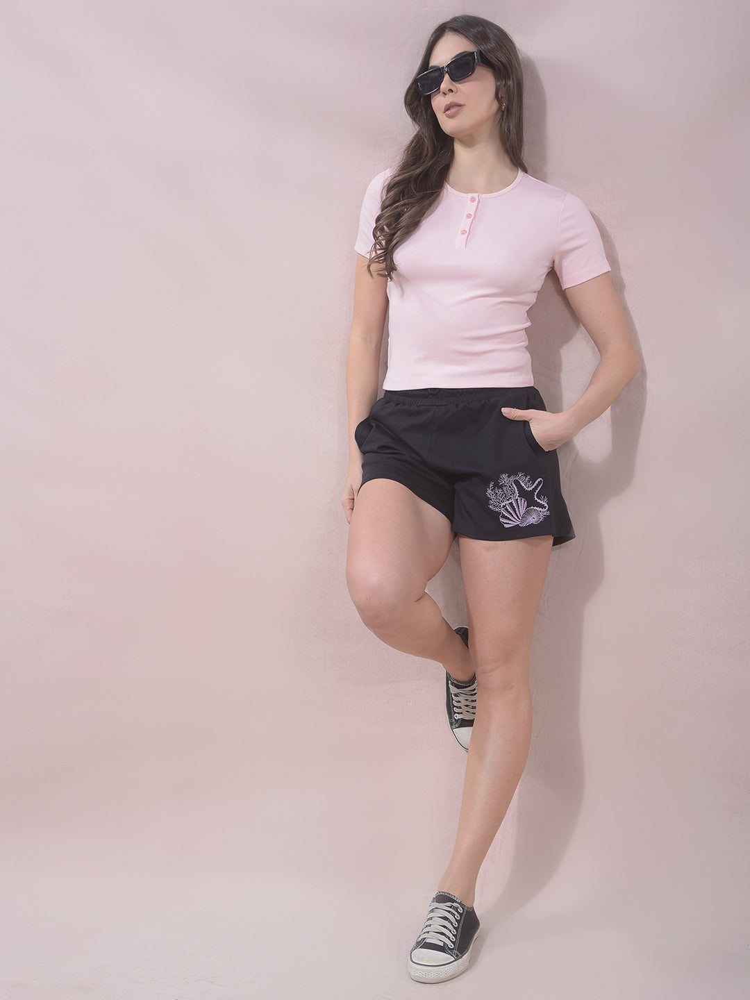 Black Embellished Mid-Thigh Length Shorts