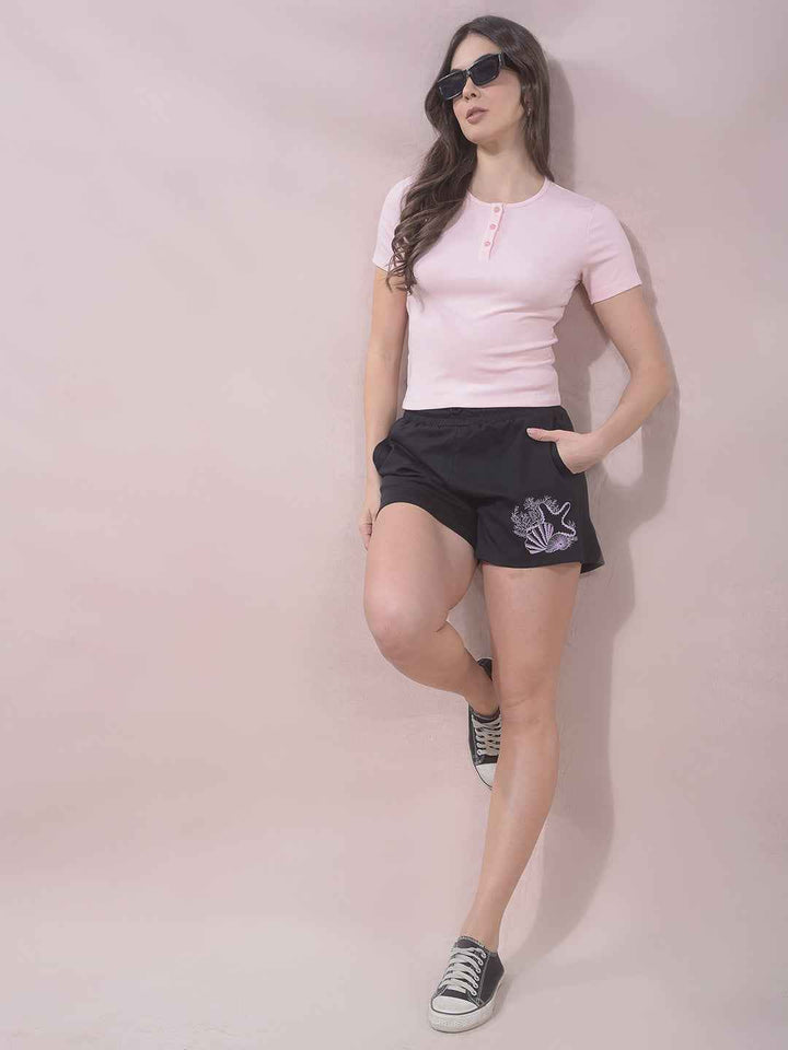 Black Embellished Mid-Thigh Length Shorts