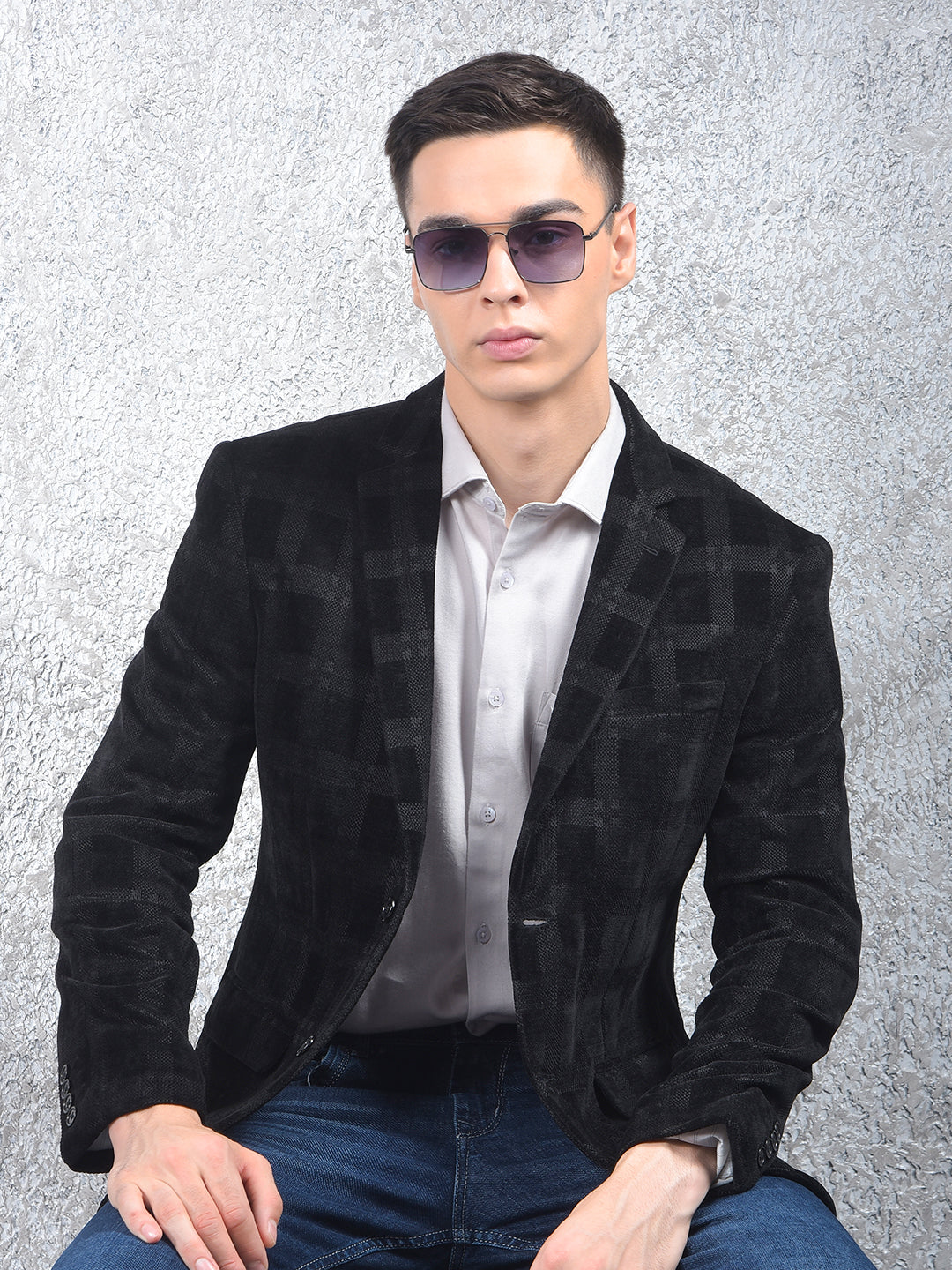 Black Checked Notched Lapel Single Breasted Blazer