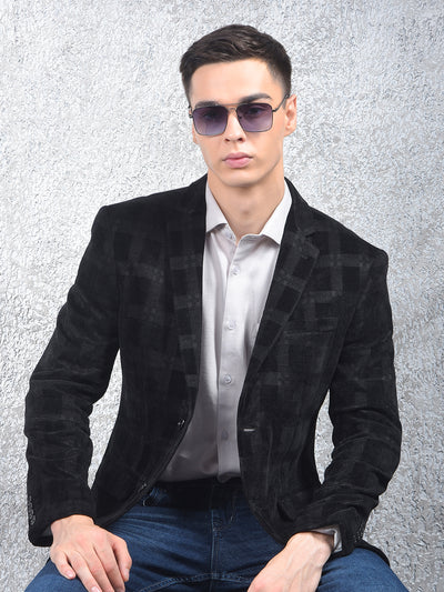 Black Checked Notched Lapel Single Breasted Blazer