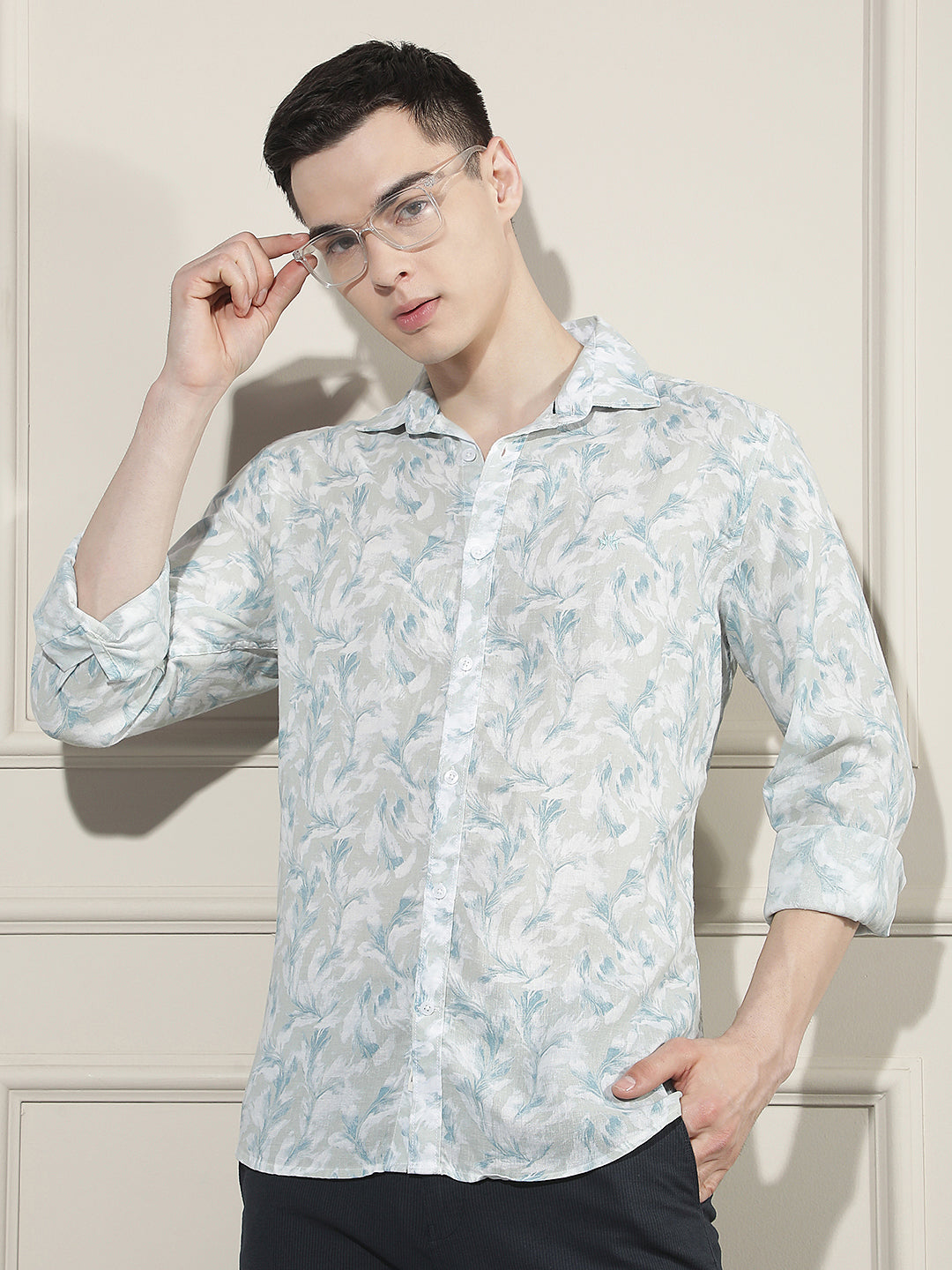 Blue Floral Print Linen Shirt