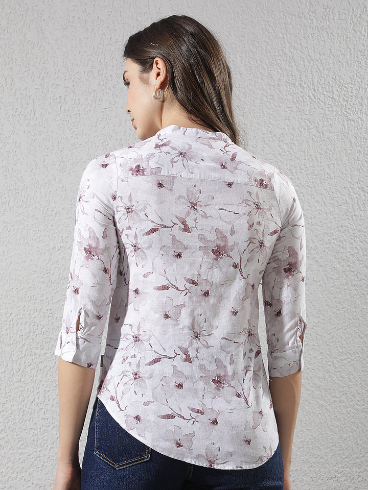 Purple Floral Print V-Neck Linen Top