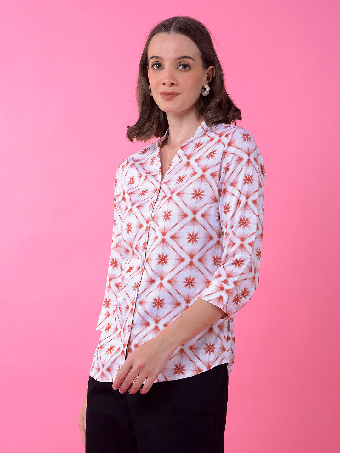 Peach Floral Print V-Neck Shirt
