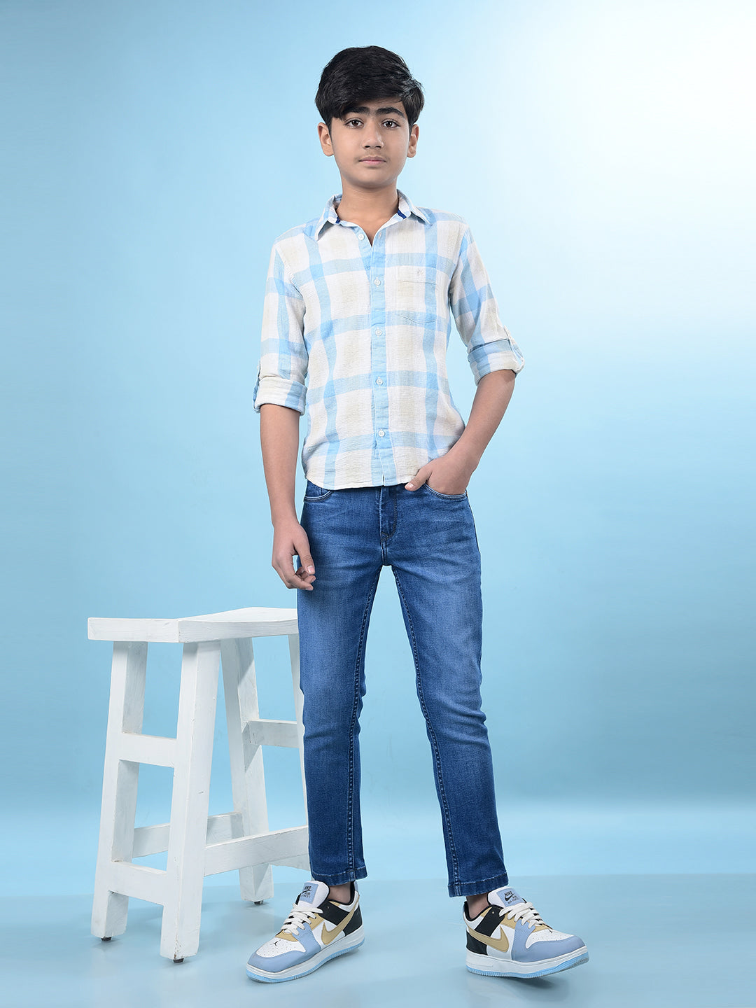 Blue Windowpane Checked Linen Shirt