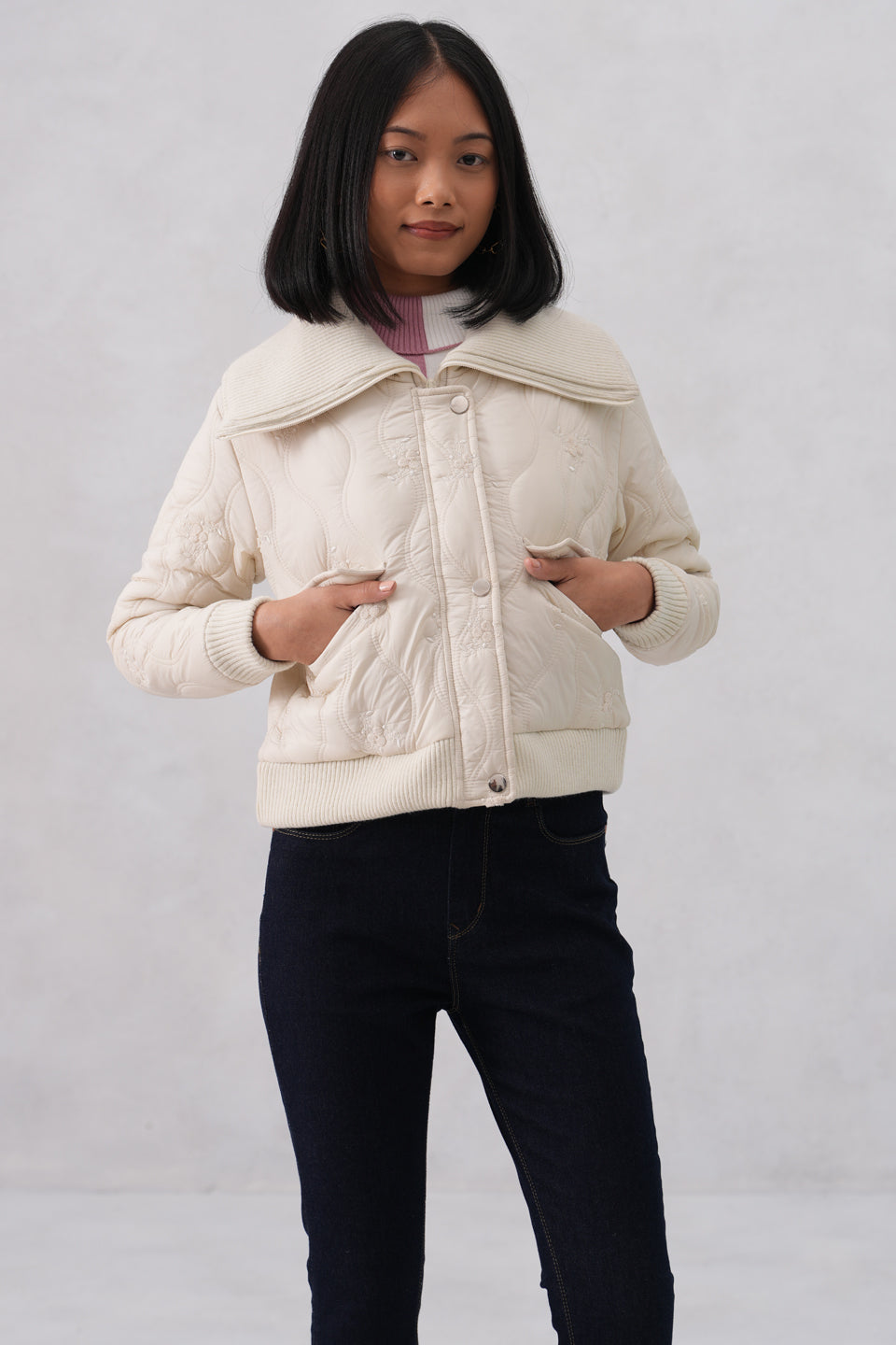 Cream Embellished Quilted Jacket