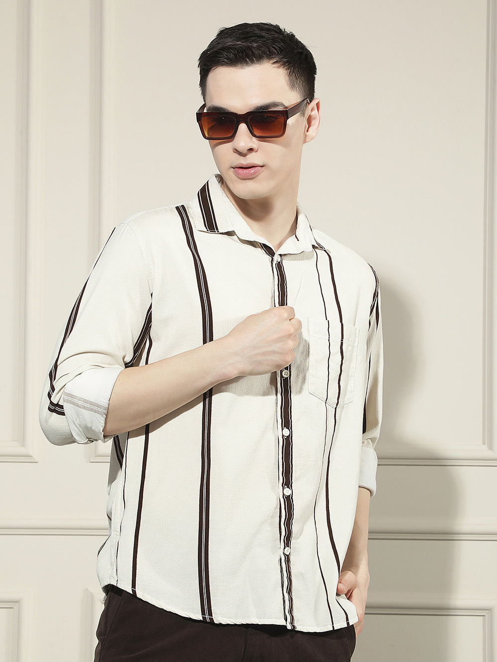 Brown Vertical Stripes 100% Cotton Corduroy Shirt