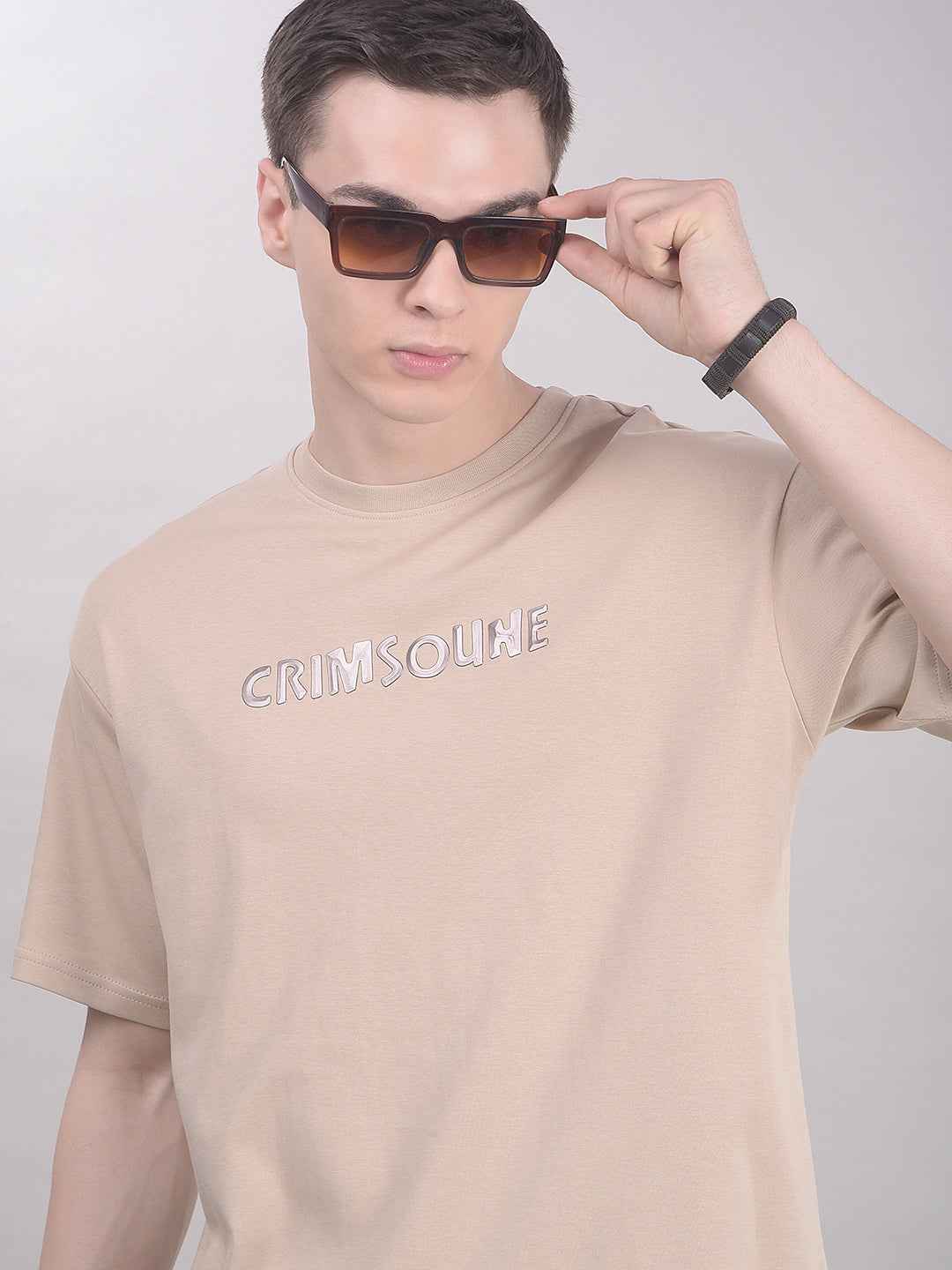Beige Typographic 100% Cotton Oversize T-Shirt