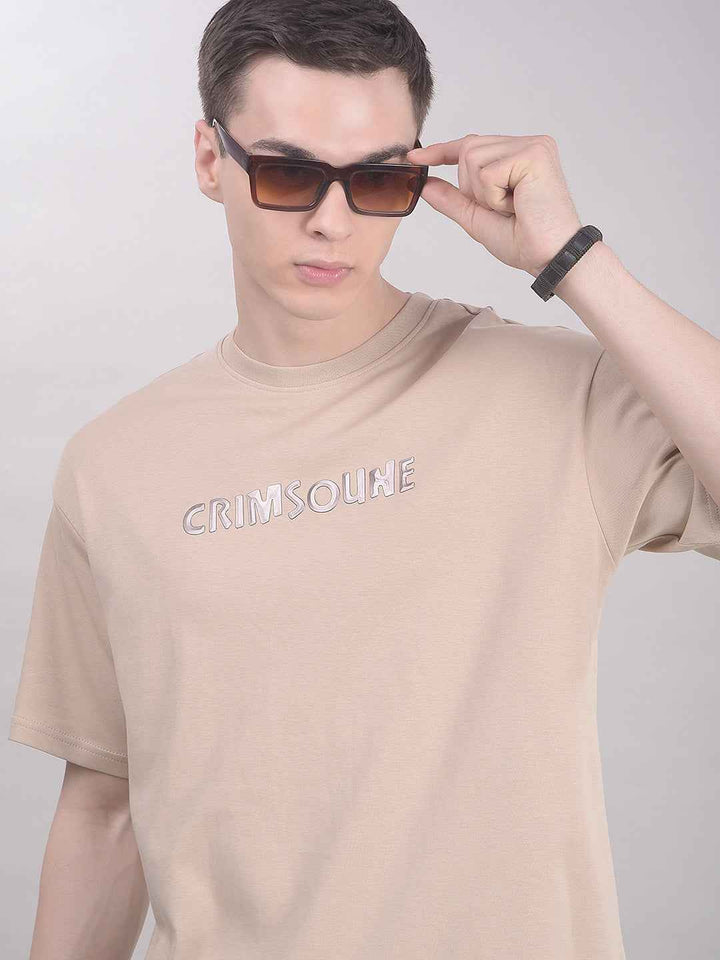 Beige Typographic 100% Cotton Oversize T-Shirt