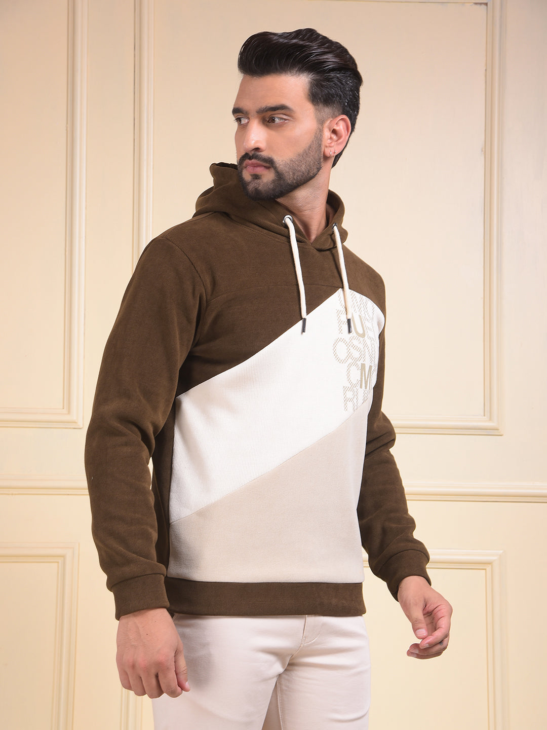 Brown Color-Block Hooded Neck Sweatshirt