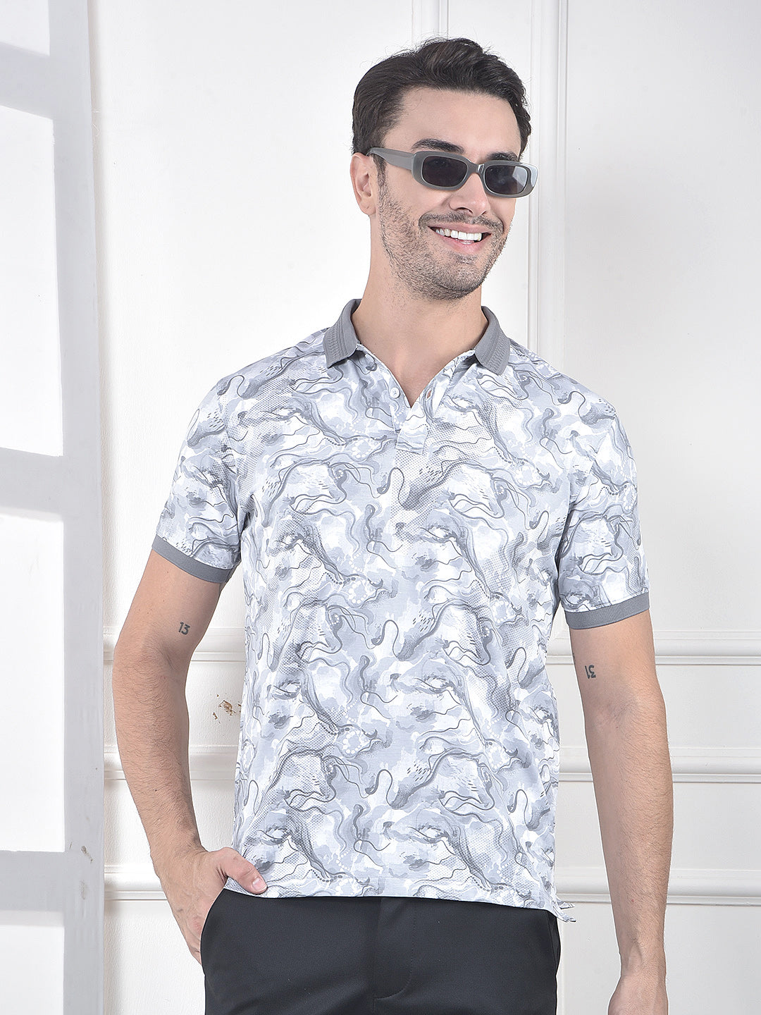 Grey Abstract Print Polo Neck T-Shirt