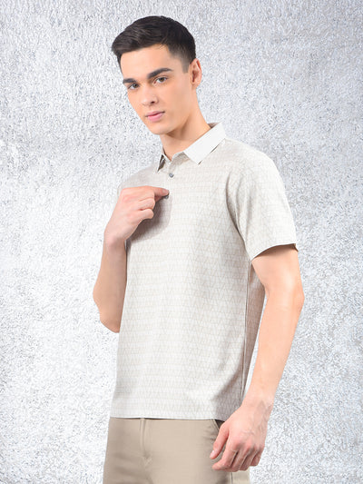 Beige Printed Polo Neck T-Shirt