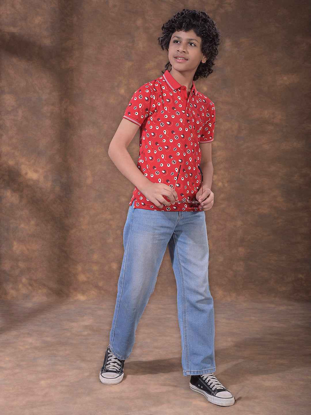 Red Printed Polo Neck T-Shirt