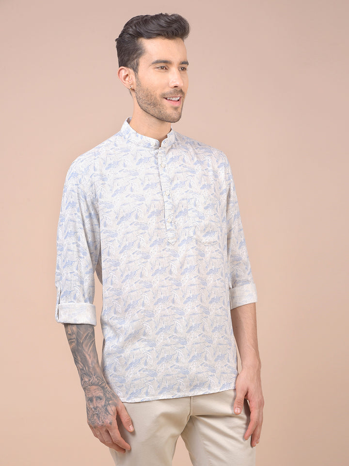 Blue Floral Print Linen Kurta