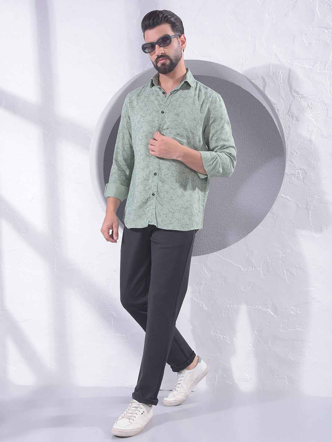 Green Floral Print Linen Shirt