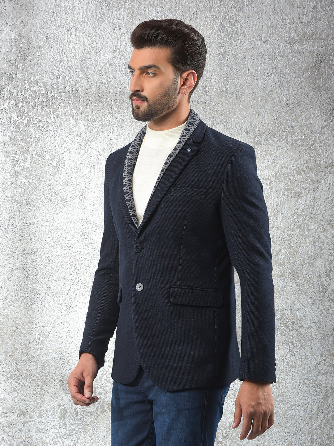 Navy Blue Notched Lapel Single-Breasted Blazer