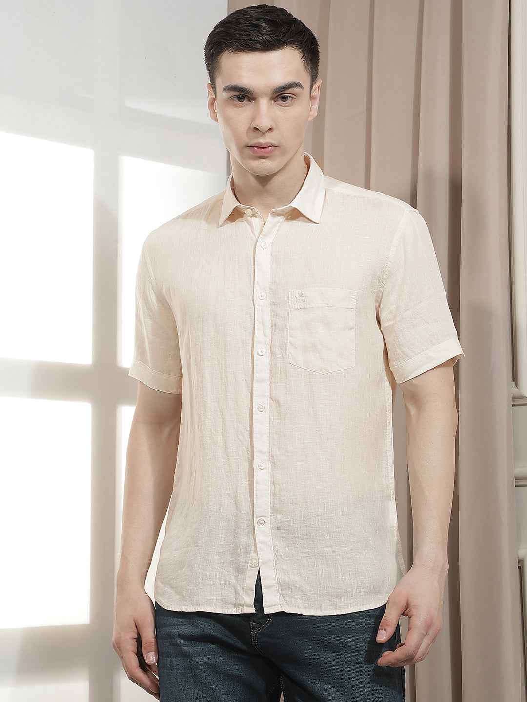 Elegant Beige Textured Linen Shirt