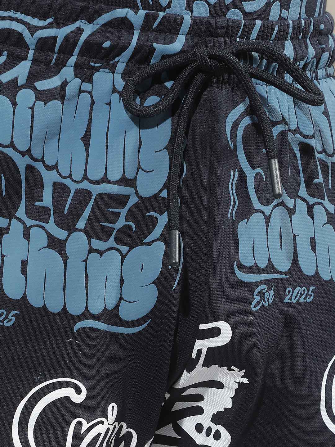 Navy Blue Typographic Print Shorts