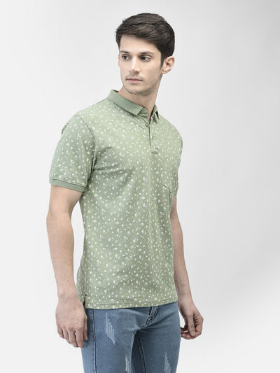 Green Floral Print Polo Neck T-Shirt