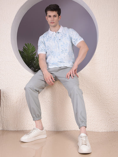 Blue Floral Print Polo-Neck T-Shirt