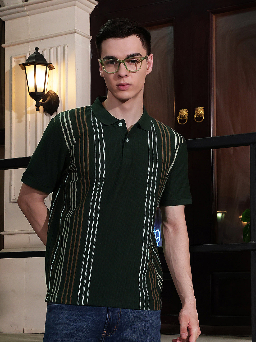 Olive Vertical Stripes Polo Neck T-Shirt