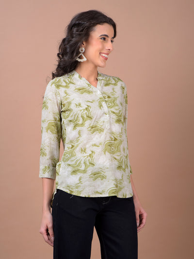 Green Printed V-Neck Linen Top