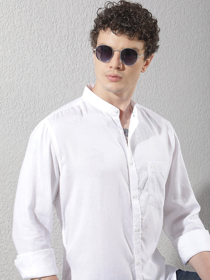 White Linen Mandarin Neck Shirt
