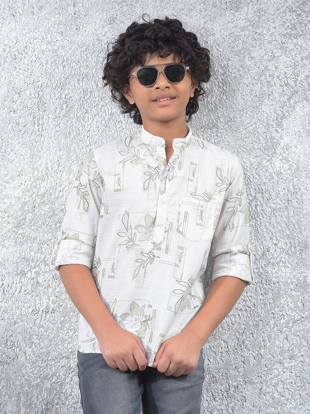 White Floral Print 100% Cotton Kurta