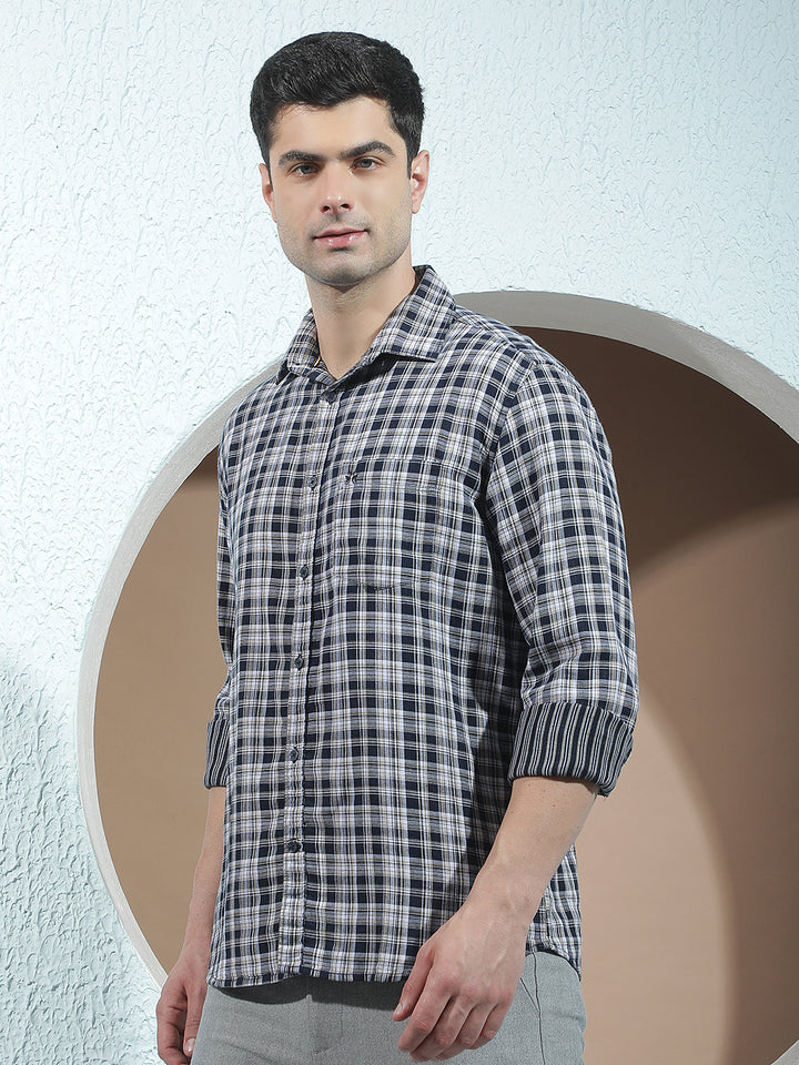 Navy Blue 100% Cotton Checked Shirt