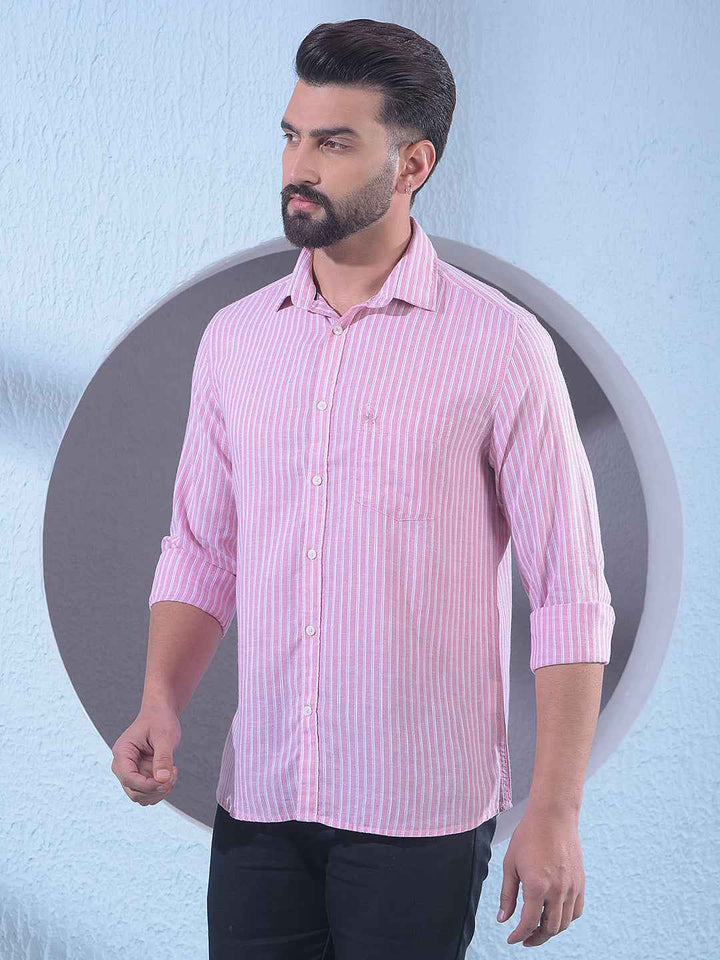 Pink Linen Vertical Stripes Shirt