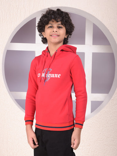 Red Typographic Print Hooded Neck Sweatshirt