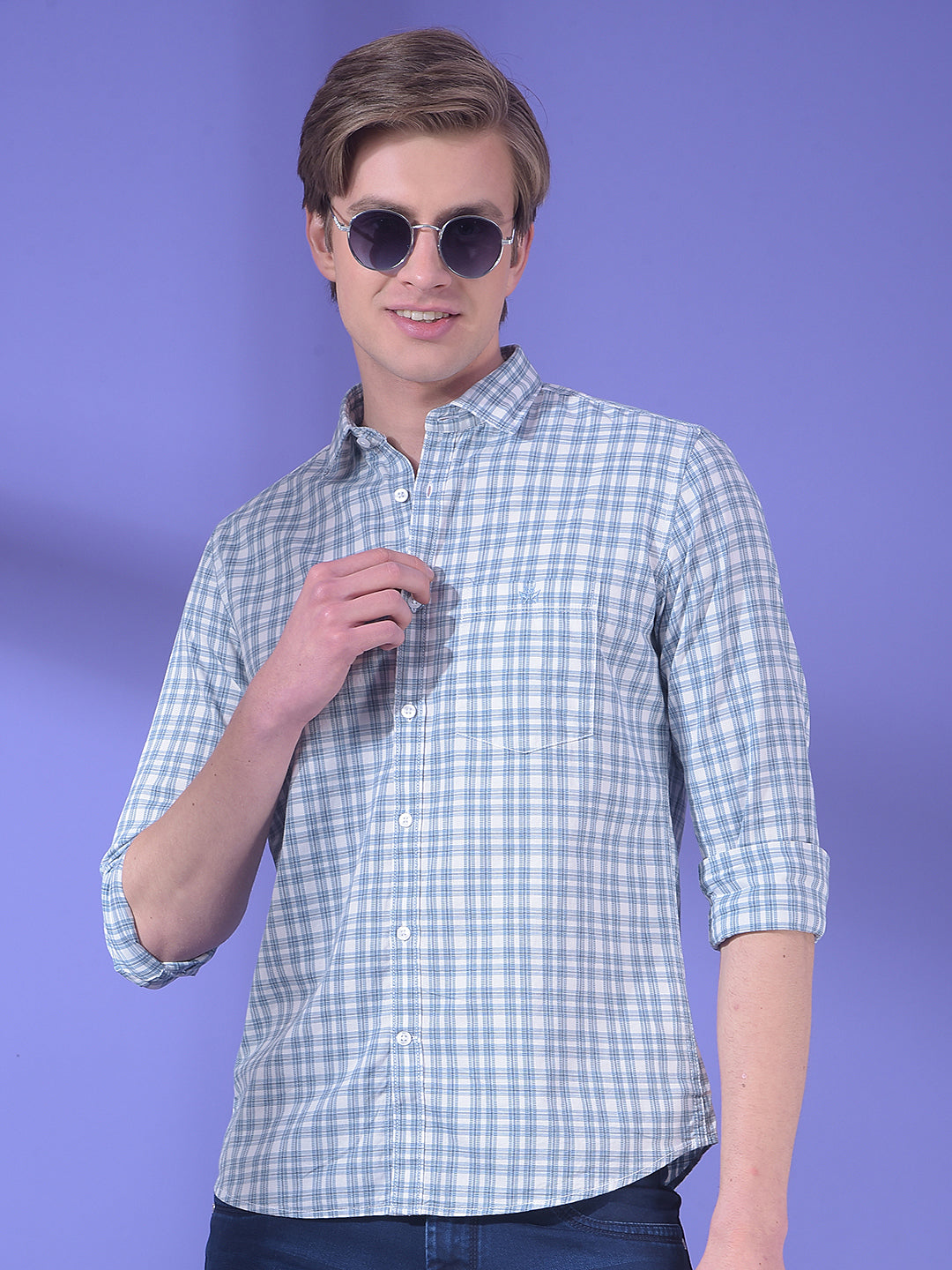 Breeze Ice Blue Checked 100% Cotton Shirt