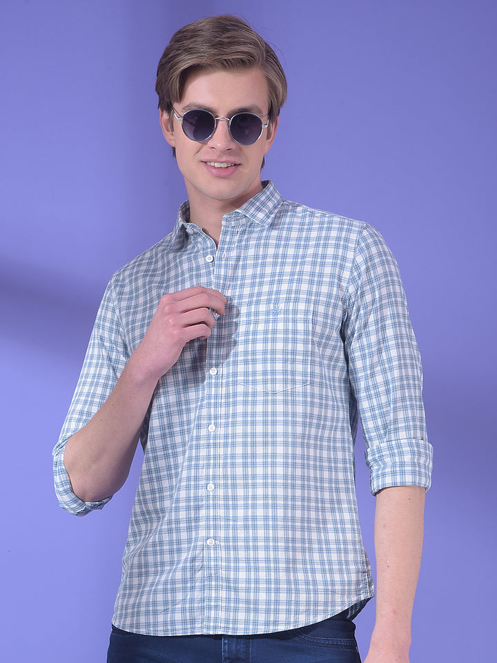 Breeze Ice Blue Checked 100% Cotton Shirt