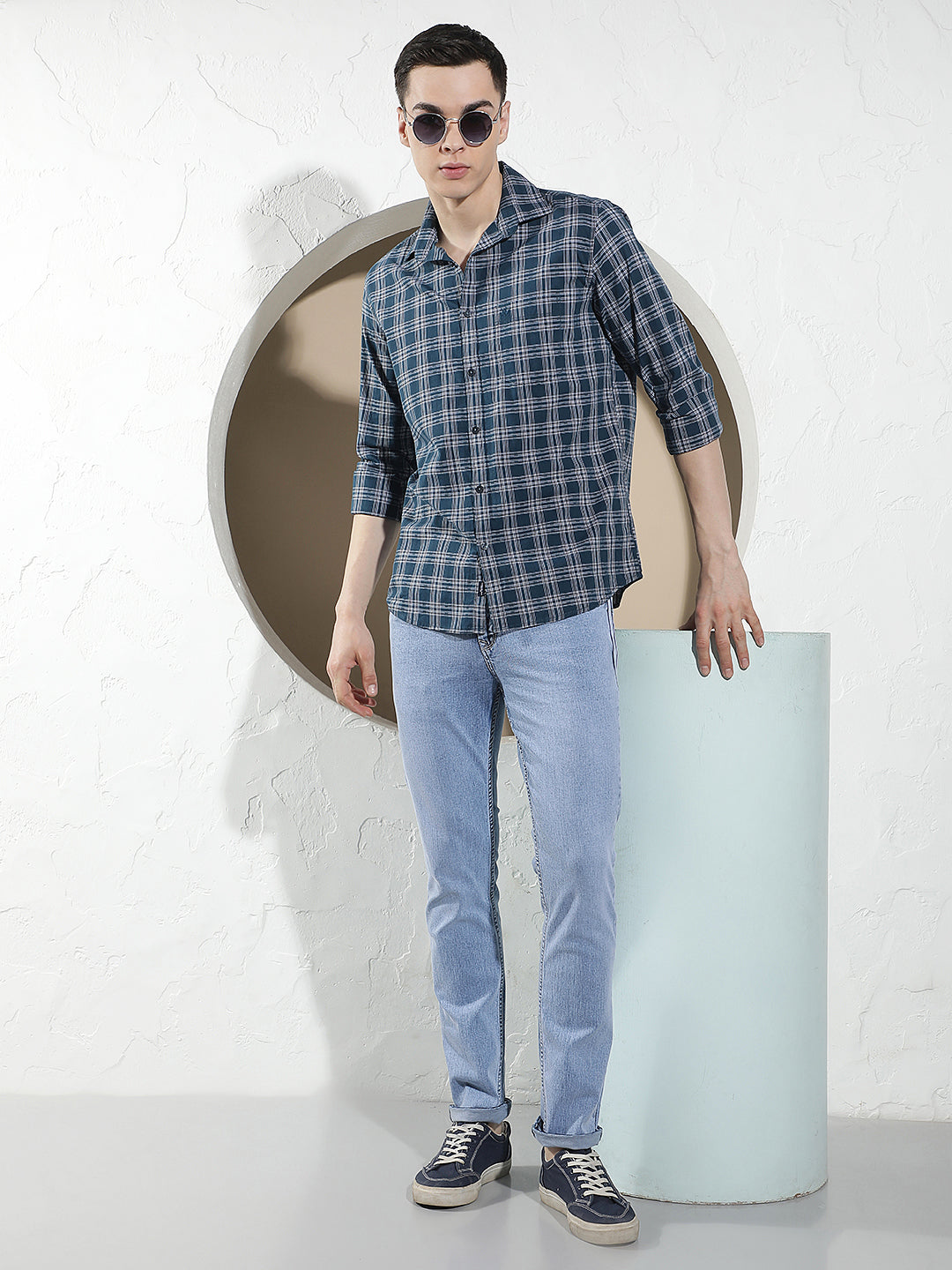 Teal Blue 100% Cotton Checked Shirt
