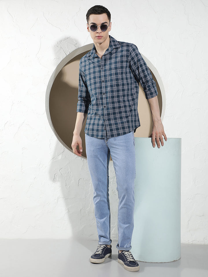 Teal Blue 100% Cotton Checked Shirt
