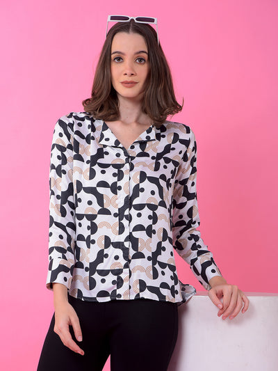 White Printed 100% Modal V-Neck Top