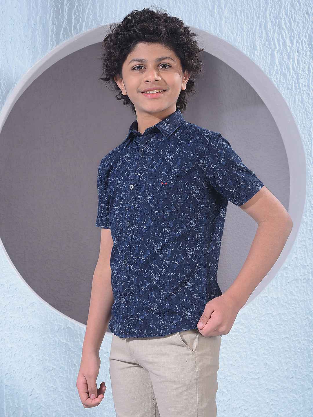 Navy Blue Floral Print 100% Cotton Shirt