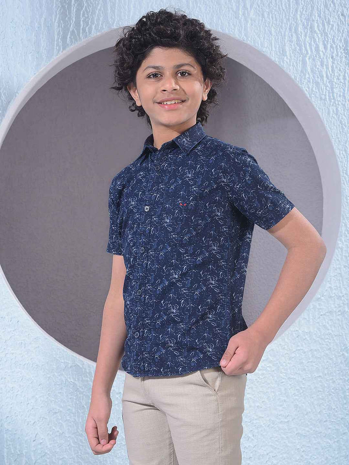 Navy Blue Floral Print 100% Cotton Shirt