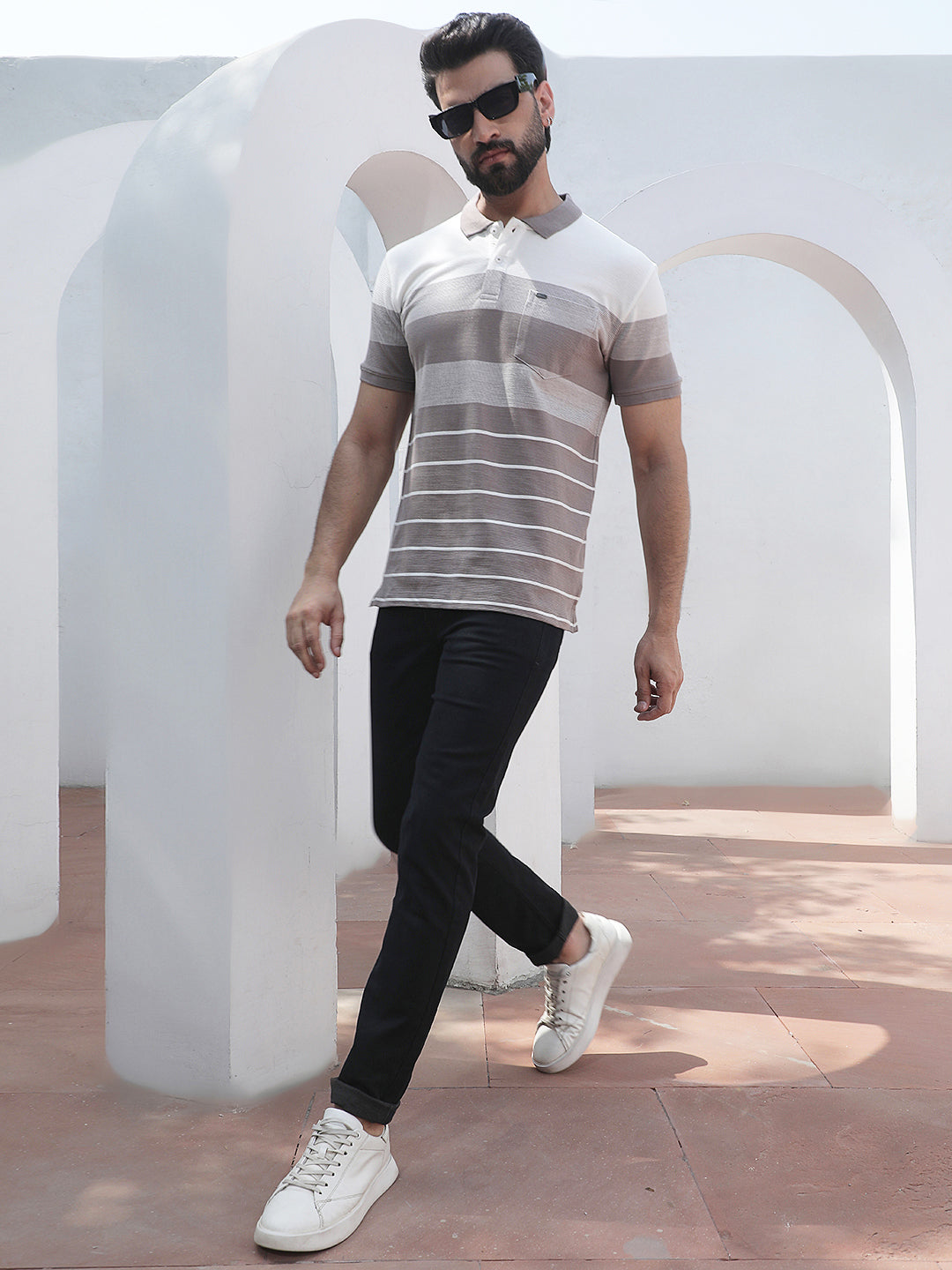 Purple Horizontal Striped Polo Neck T-Shirt