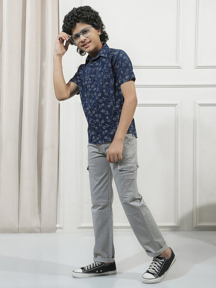 Navy Blue 100% Cotton Floral Print Shirt