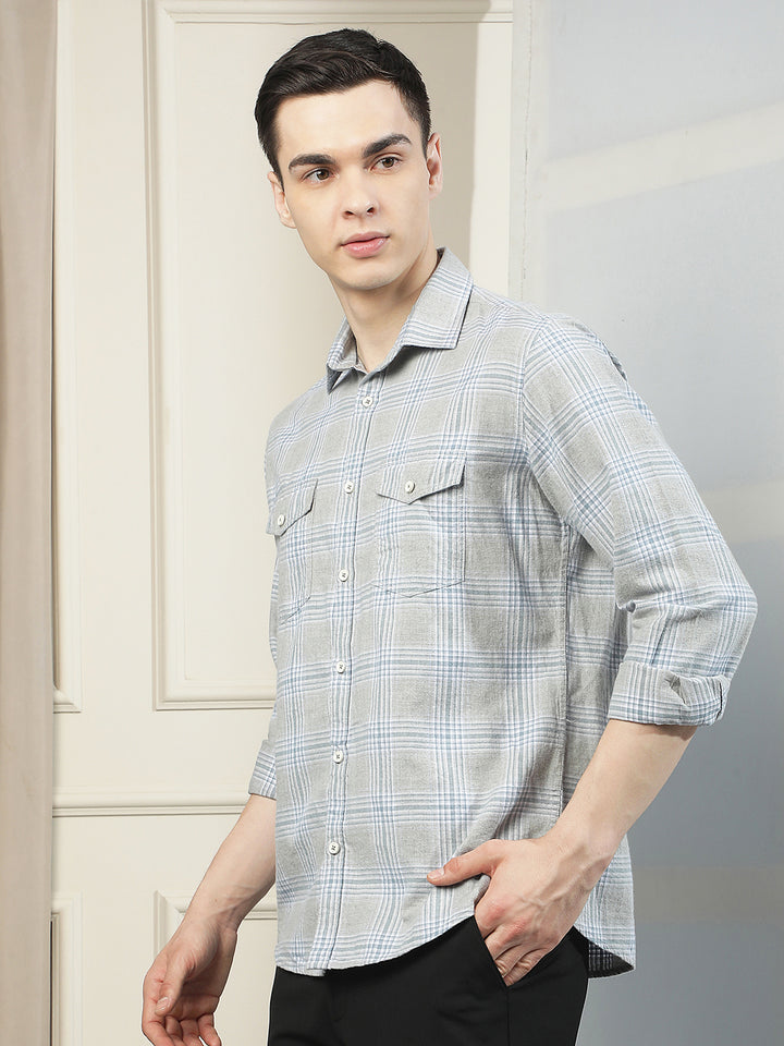 Grey Checked 100% Cotton Double Pocket Shirt