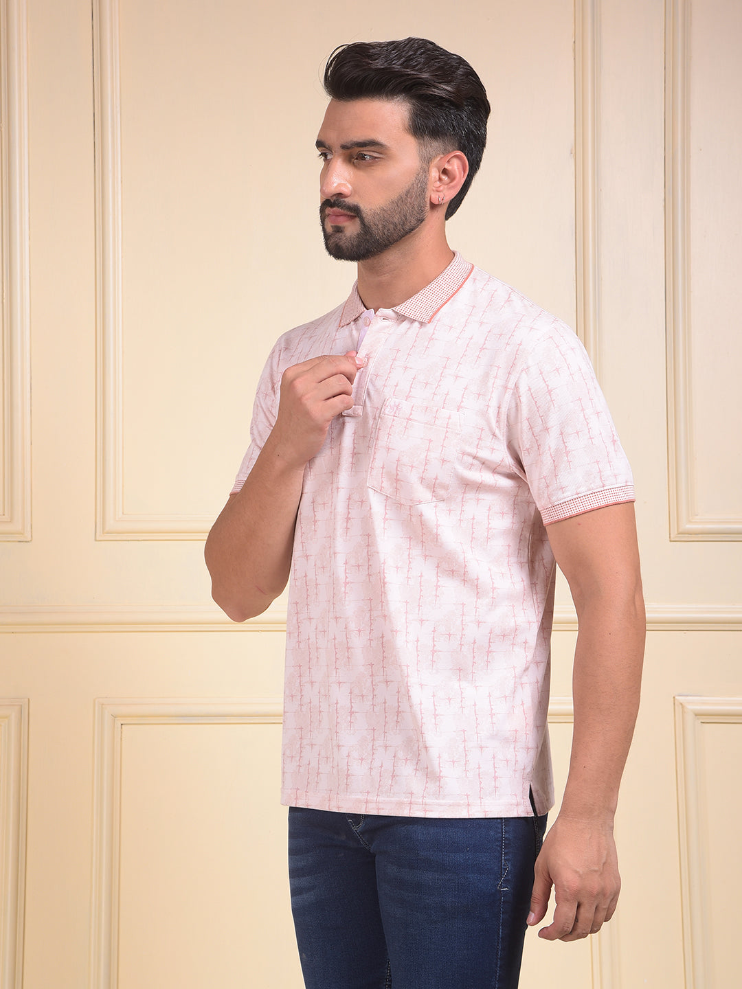 Pink Printed Polo Neck T-Shirt