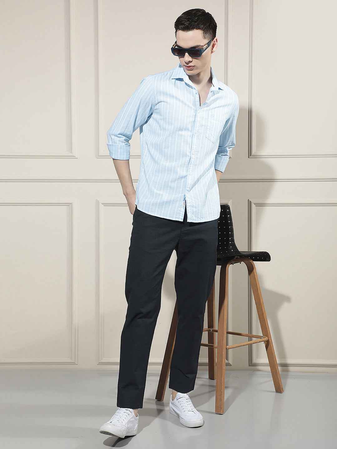 Navy Blue Vertical Stripes Trousers