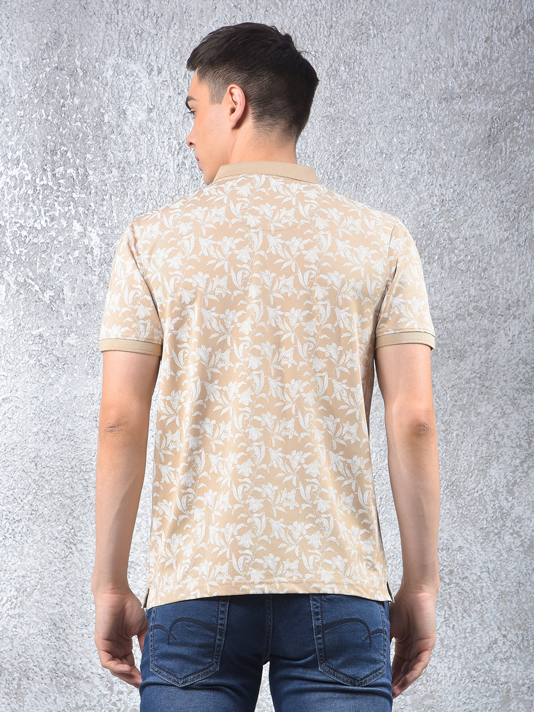 Beige Floral Print Polo-Neck T-Shirt