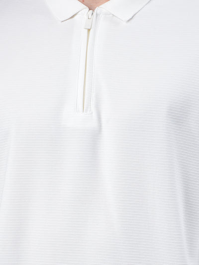 White Jacquard Polo Neck Knitted Sweatshirt