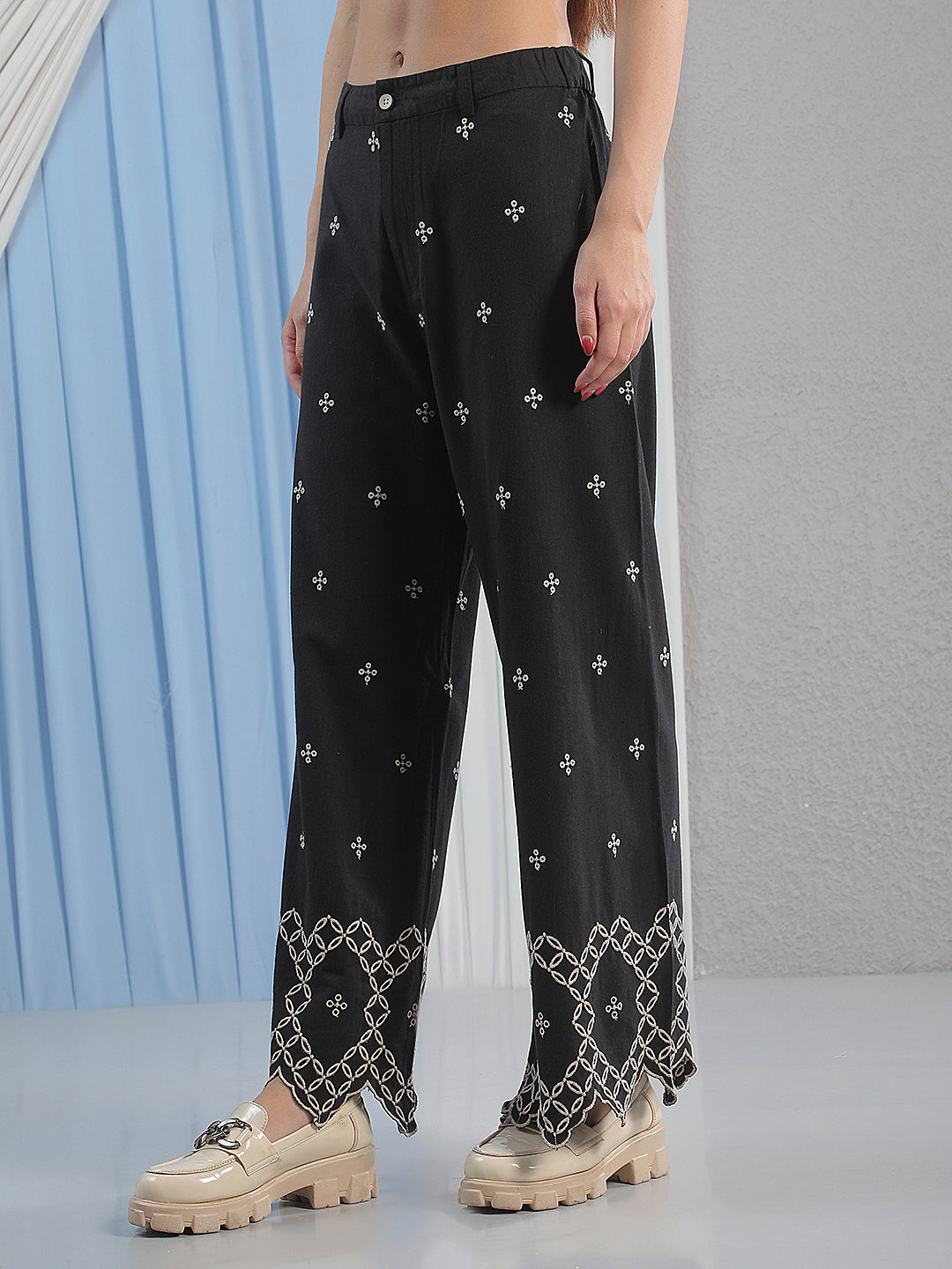 Off White Embroidered Casual Trousers