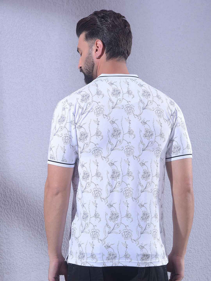 White Floral Print Polo Neck T-Shirt