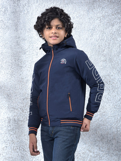 Navy Blue Typographic Print Hooded Neck Bomber Jacket